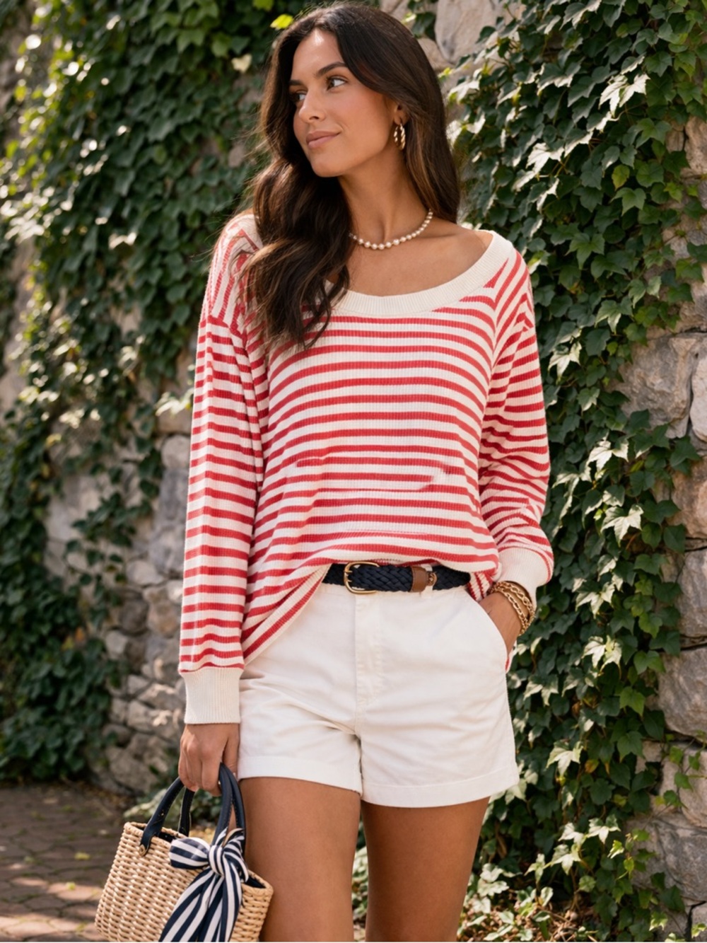 WE THE FREE Cream and Brick Striped Ballet Neckline Waffle Weave Top, M
